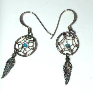Vtg Sterling Turquoise Accent Dream Catcher Earrings